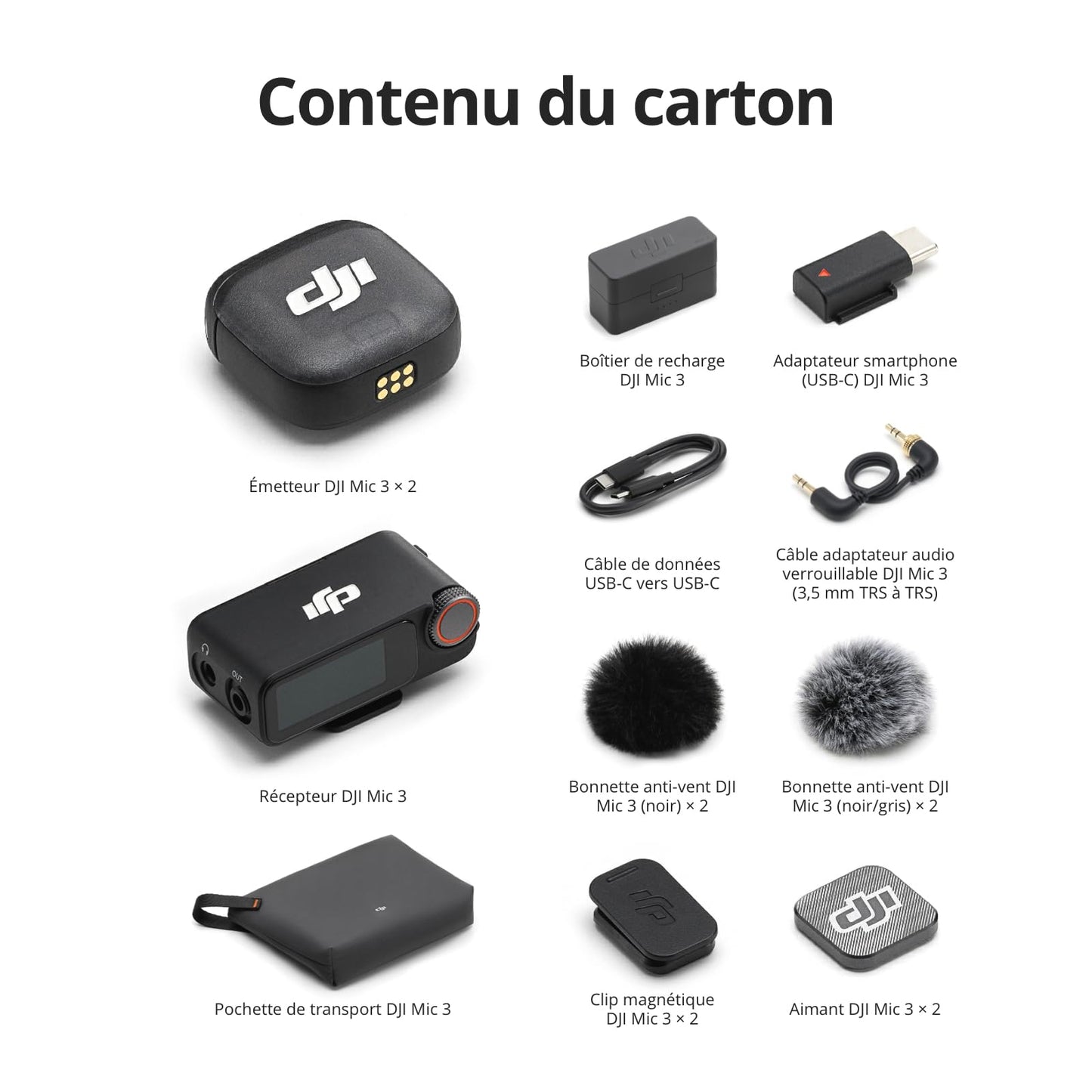 DJI Mic 3 (2 TX + 1 RX + Boîtier de Recharge), Microphone sans Fil
