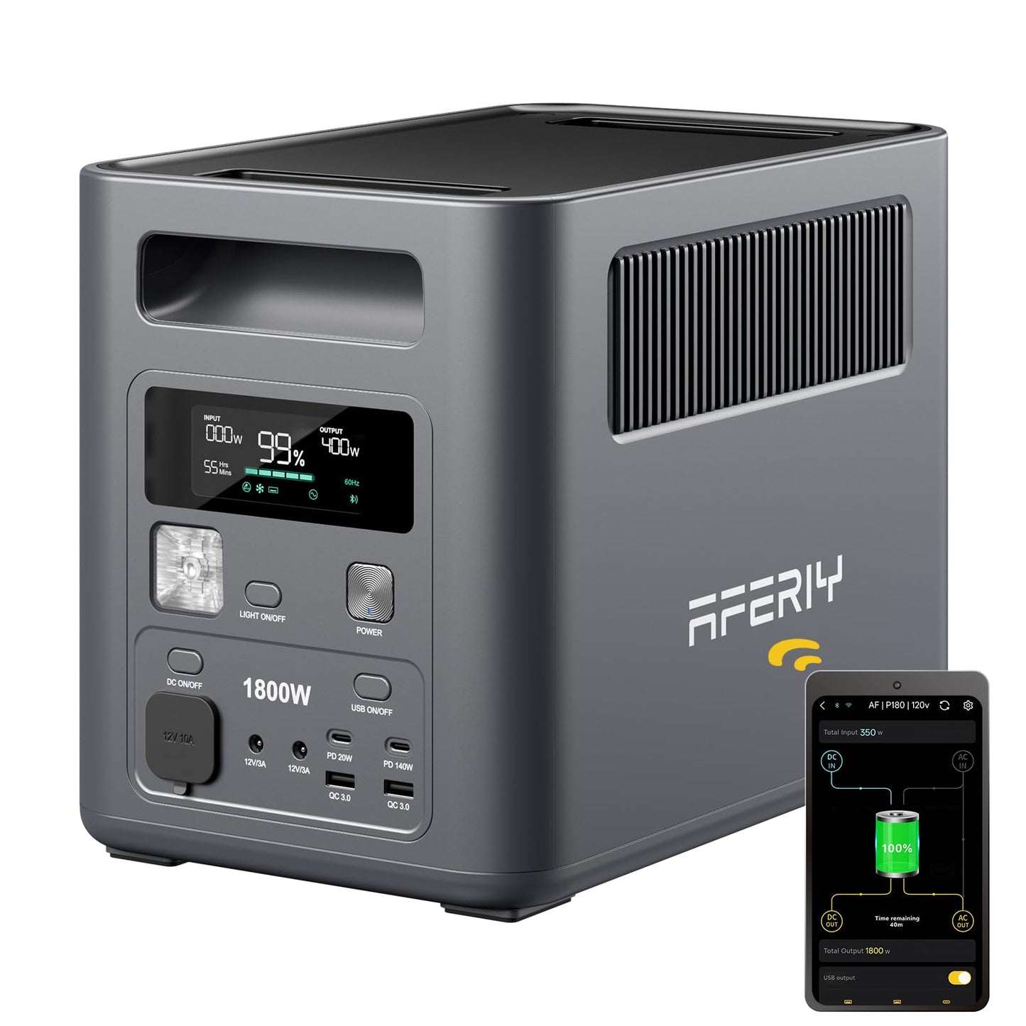 AFERIY P180 Générateur Électrique Portable, 1024Wh & 1800W (3600W Pic), Recharge Rapide 0-90% en 60 Min, Batterie Nomade LiFePO4 avec UPS, BMS, Station Électrique Solaire pour Camping, Maison, Bureau