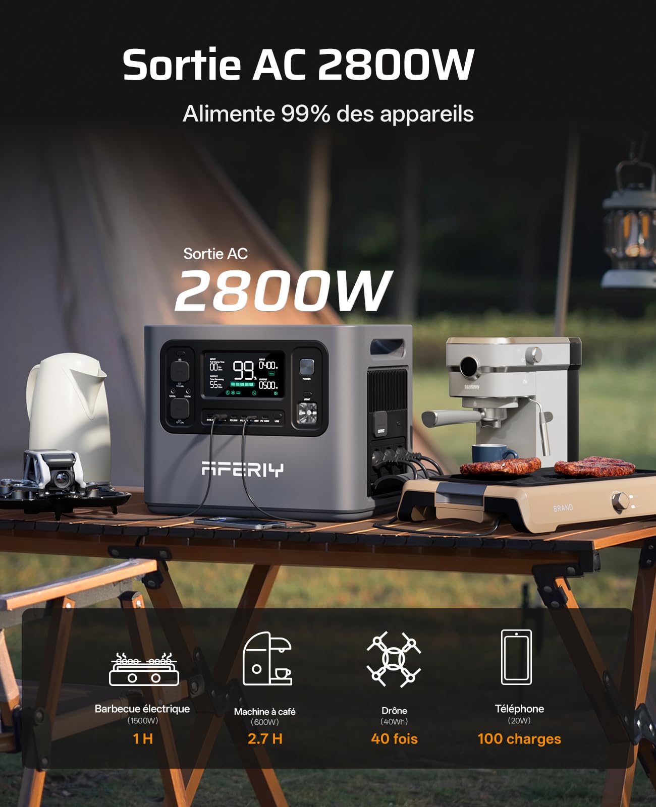 AFERIY P280 Station Electrique Portable 2800W, Batterie Nomade 2048Wh Extensible à 10,24kWh, Recharge Rapide 1,5H, 220V-240V, Generateur Electrique pour Usage Domestique/Camping-car/Panne de Courant