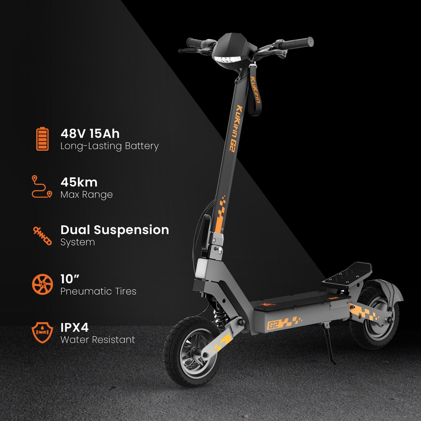 KUKIRIN G2 Trottinette Électrique Adulte, Batterie 48V 15,6Ah, Jusqu’à 55 km, Pneus Tubeless 10 Pouces, Double Suspension, Double Frein à Disque, Écran Couleur Tactile, Pliable